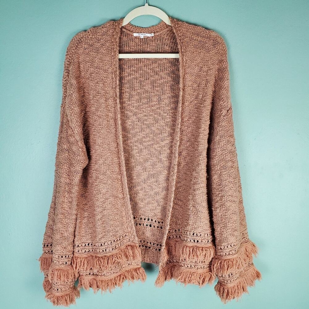 Tularosa Revolve Women's Camel Rumi Fringe Open Front Cardigan Size Small